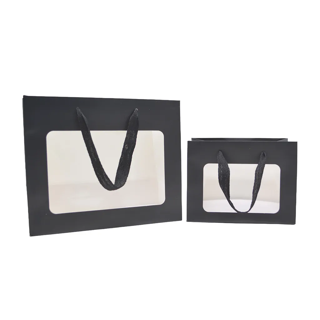 Sacs pelliculés noirs mat à fenêtre et poignées cotonnette – 18 x 11 x 13,5 cm - Paquet de 20 - Sacs pelliculés poignées cordelette-5