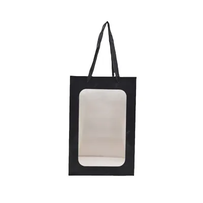 Sacs pelliculés noirs mats à fenêtre et poignées coton – 20 x 16 x 30 cm - Paquet de 20 - Sacs pelliculés poignées cordelette