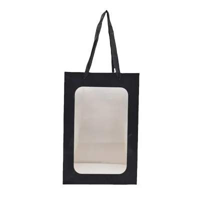 Sacs pelliculés noirs mats à fenêtre et poignées coton – 25 x 20 x 43 cm – Paquet de 20 - Sacs pelliculés poignées cordelette