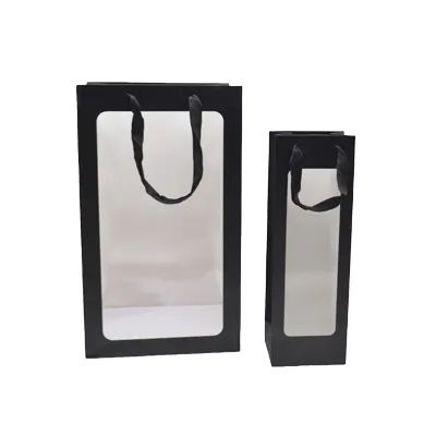 Sacs pelliculés noirs mats à fenêtre et poignées coton – 25 x 20 x 43 cm – Paquet de 20 - Sacs pelliculés poignées cordelette-2