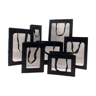 Sacs pelliculés noirs mats à fenêtre et poignées coton – 12 x 9 x 36 cm – Paquet de 20 - Sacs pelliculés poignées cordelette-2