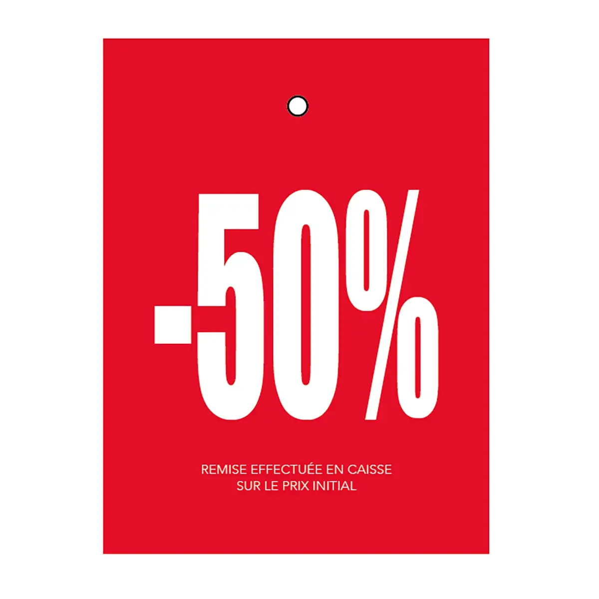 Etiquette à trou -50% rouge/blanc 50x70mm carton 200g - Lot de 250 - Etiquette Soldes - Etiquettes soldes