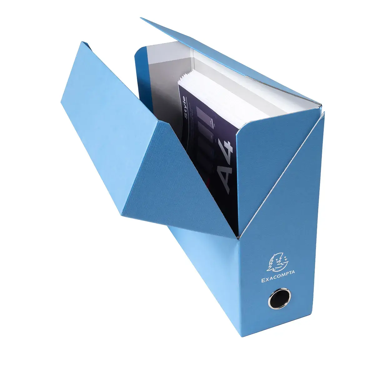 Boîte de transfert A4 Dos 90 mm carton toilé couvercle abattant et oeillet Exacompta - Bleu clair - Boîtes archives, Boîtes de transfert-3