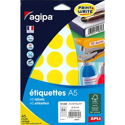 Gommettes rondes adhésives jaunes Ø 30mm - Paquet de 240 - Pastilles adhésives, Gommettes autocollantes