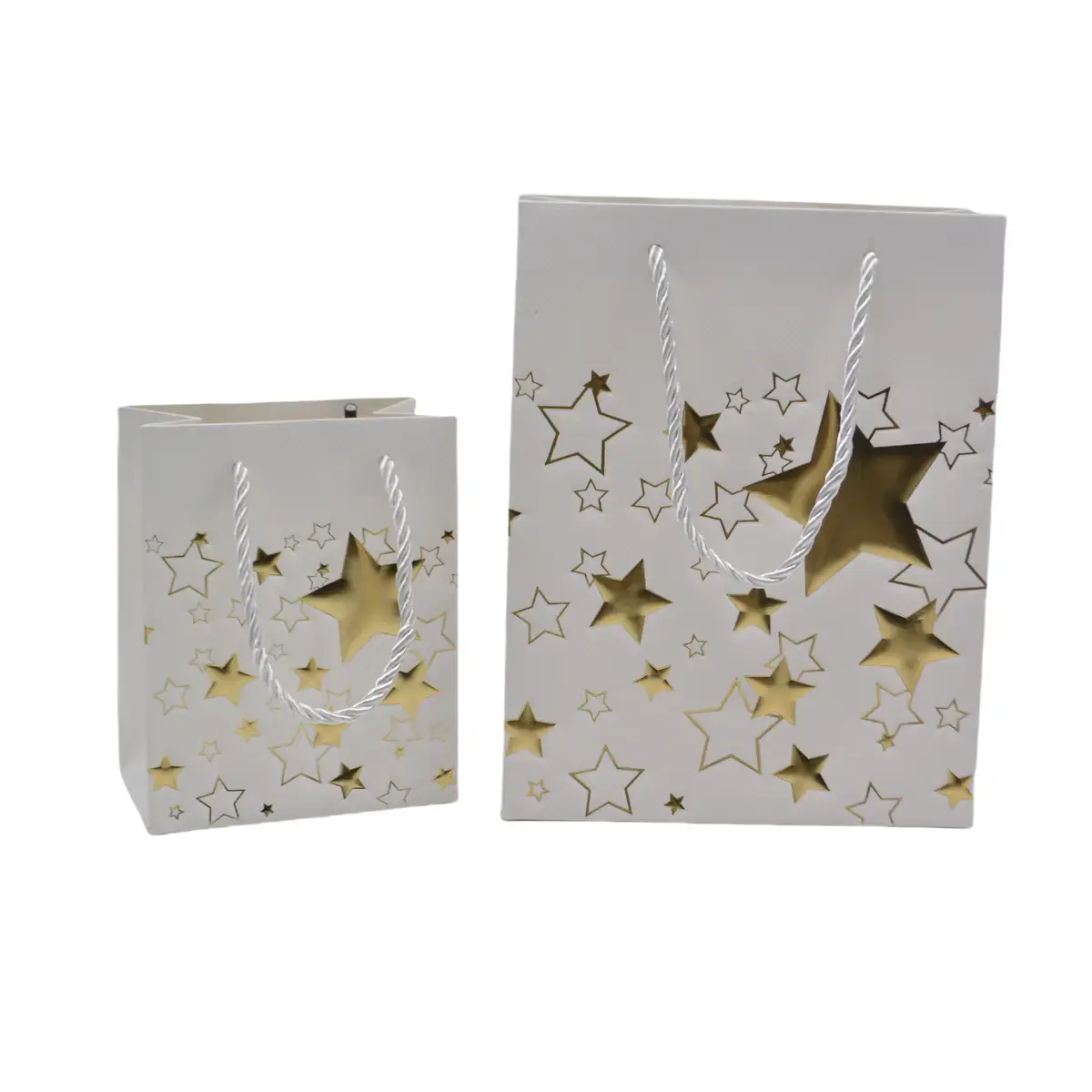 Sacs pelliculés blancs embossés étoiles or poignées cordelette 12+7x15 cm 210g/m² – Paquet de 20 - Sacs pelliculés à motifs-2