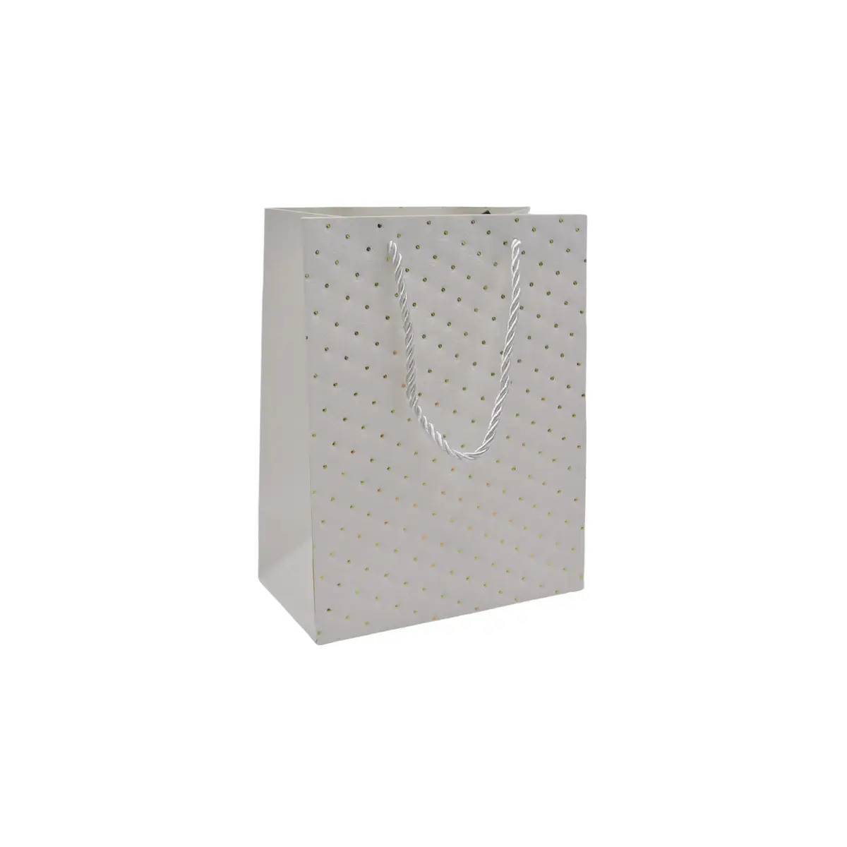 Sacs pelliculés blancs embossés pois or poignées cordelette 12+7x15 cm 210g/m² – Paquet de 20 - Sacs pelliculés à motifs