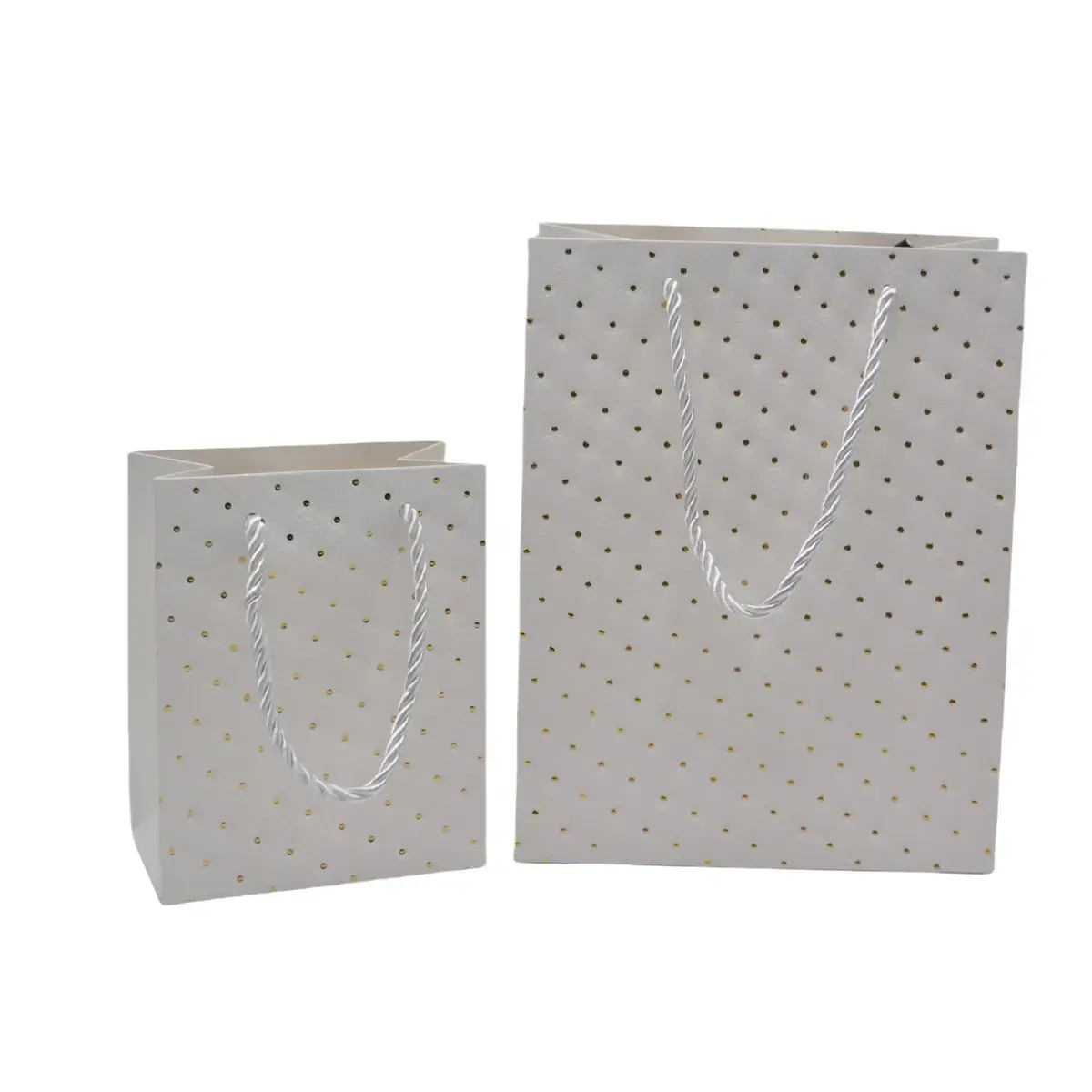 Sacs pelliculés blancs embossés pois or poignées cordelette 18+10x23 cm 210g/m² – Paquet de 20 - Sacs pelliculés à motifs-2