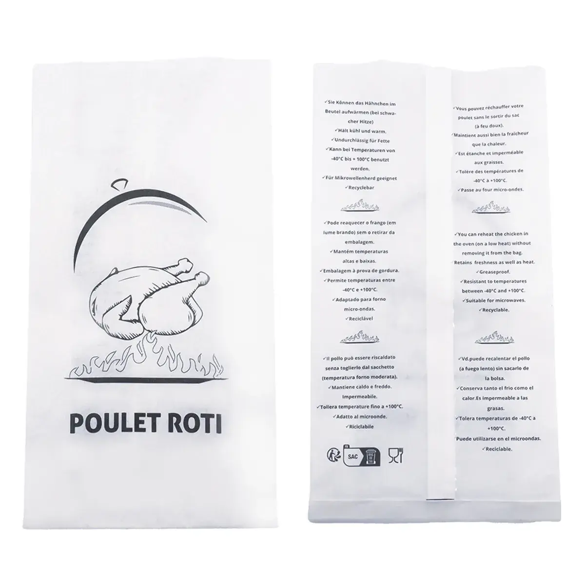 Sachet poulet rôti ingraissable papier kraft 18 + 6,5 x 35 cm – Blanc – Sac Poulet - Carton de 500 - Films, papiers ingraissables et sachets papier alimentaires