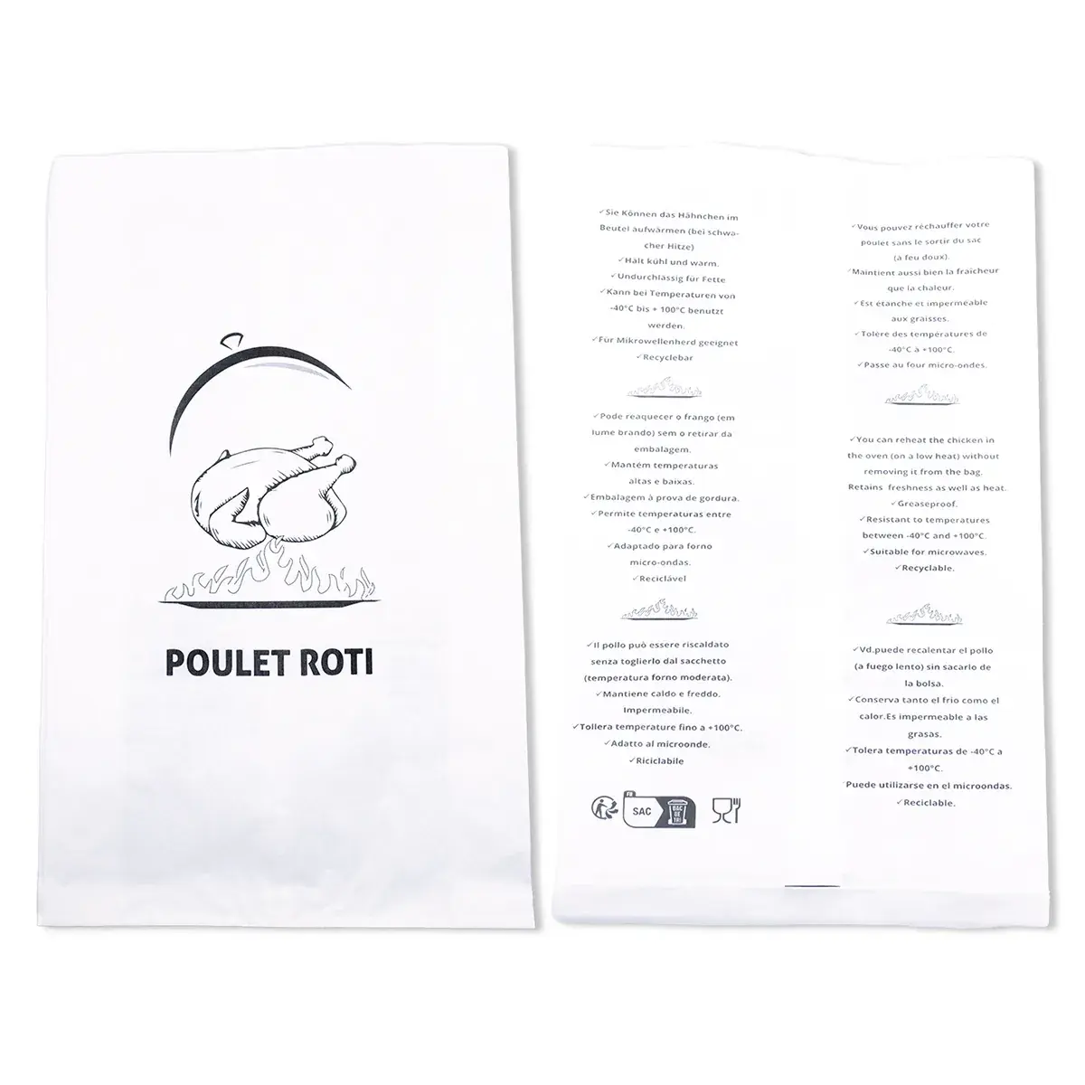 Sachet poulet rôti ingraissable papier kraft 25 + 7,5 x 41 cm – Blanc – Sac Poulet - Carton de 500 - Films, papiers ingraissables et sachets papier alimentaires