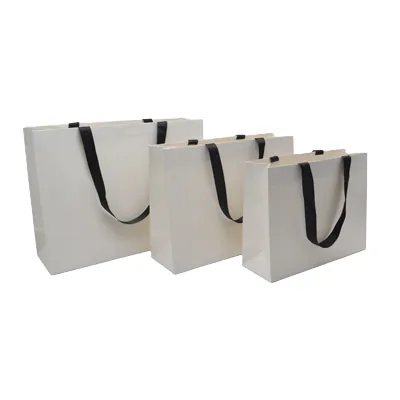 Sacs pelliculés blancs à poignées ruban noires – 32 x 11 x 25 cm – Paquet de 10 - Sacs pelliculés unis, poignées ruban-2