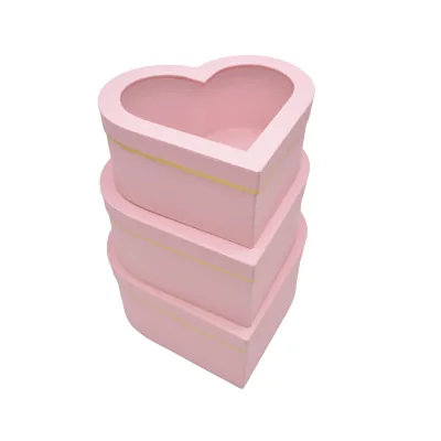 Boîtes cœur roses liseré or à fenêtre 26+24x11,5 cm – Paquet de 2 - Boites cloches-3