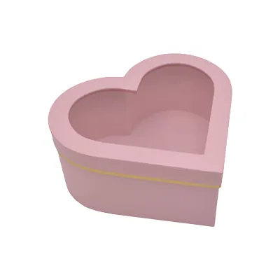 Boîte cœur en carton avec fenêtre, rose avec liseré doré 28,5 x 26,3 x13 cm - Lot de 2 - Boites cloches