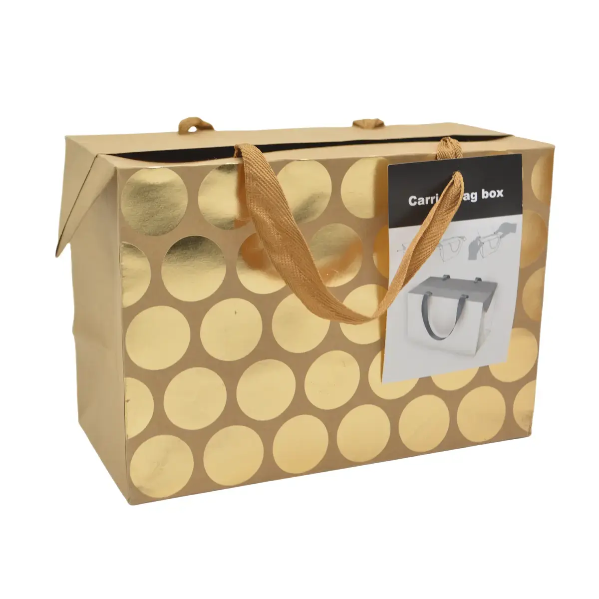 Boîte cadeau carton à poignées et pois or 23x11x16 cm - Valisette carton – Lot de 10 - Boites carton avec poignée