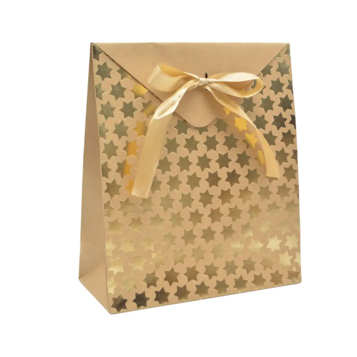 Pochette cadeau papier kraft brun à étoiles or avec rabat et ruban satiné 18x8x21cm – Paquet de 20 - Pochettes cadeaux luxe