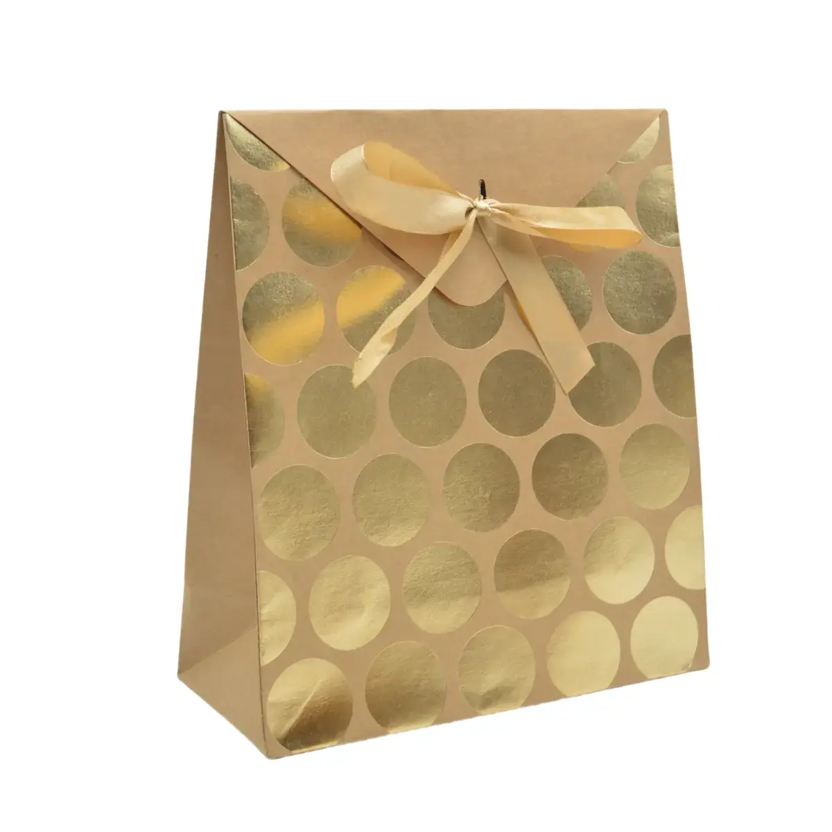 Pochette cadeau papier kraft brun à pois or avec rabat et ruban satiné 18x8x21cm – Paquet de 20 - Pochettes cadeaux luxe