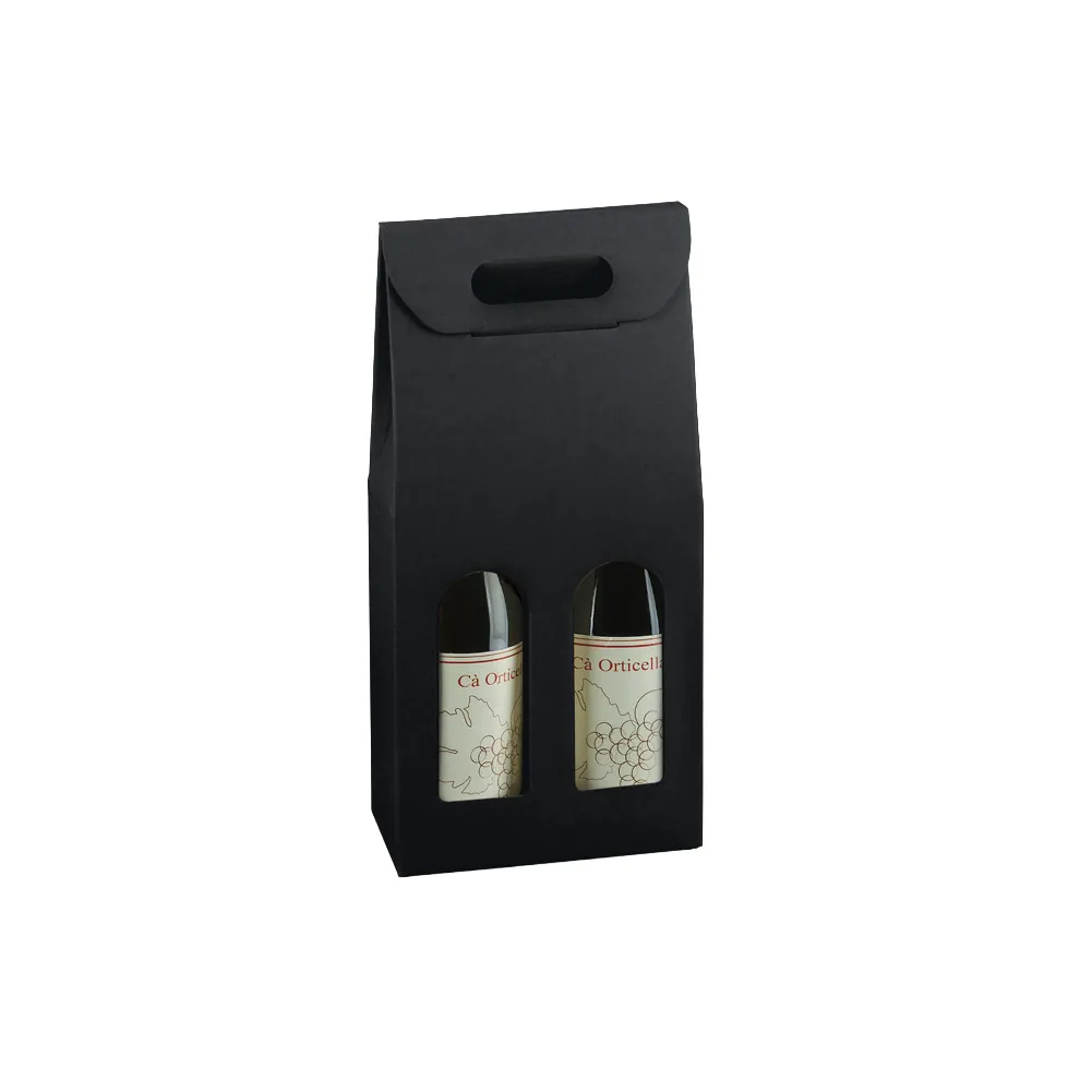 Boîtes pour 2 bouteilles de vin à fenêtre poignée kraft noir 18x9x38,5cm - Paquet de 30 - Coffrets pour bouteilles de vin, Boîtes pour bouteilles de vin