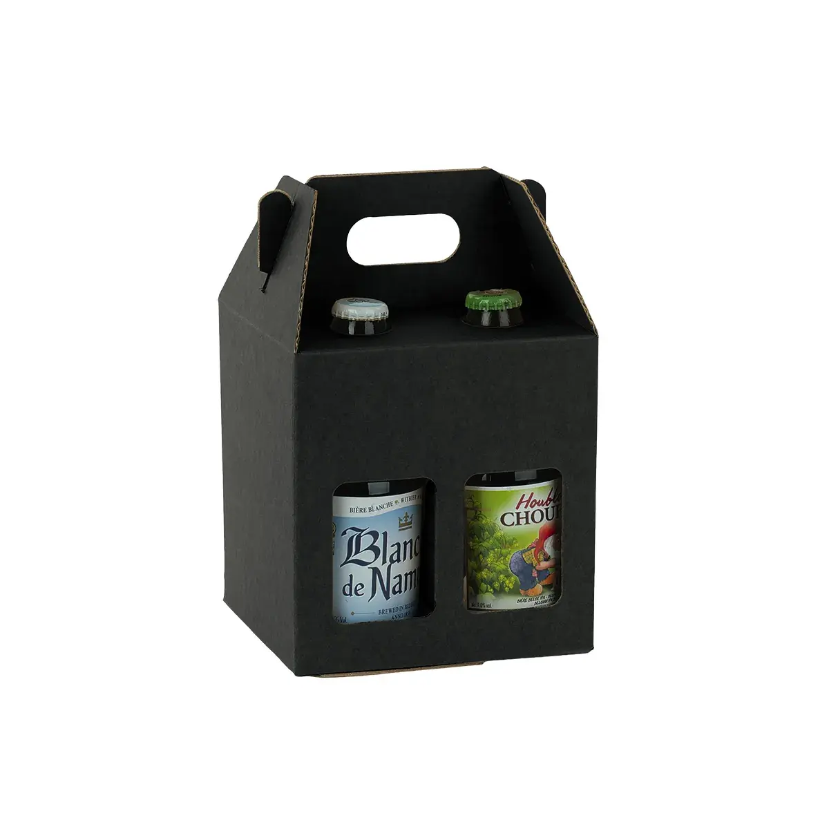 Étui 4 bières kraft noir à fenêtre avec poignée 13x13x21cm - Lot de 30 - Mètres de bières, Emballages pour bouteilles de bières-2