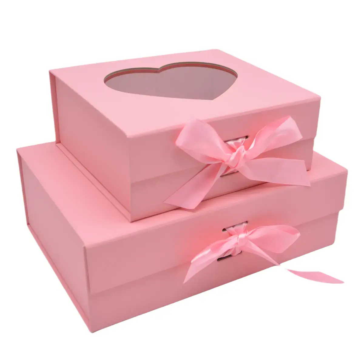 Boites cadeaux carton roses avec fenêtre cœur et ruban 20x18,2x8cm – Paquet de 5 - Boites cadeaux carton pliables-3