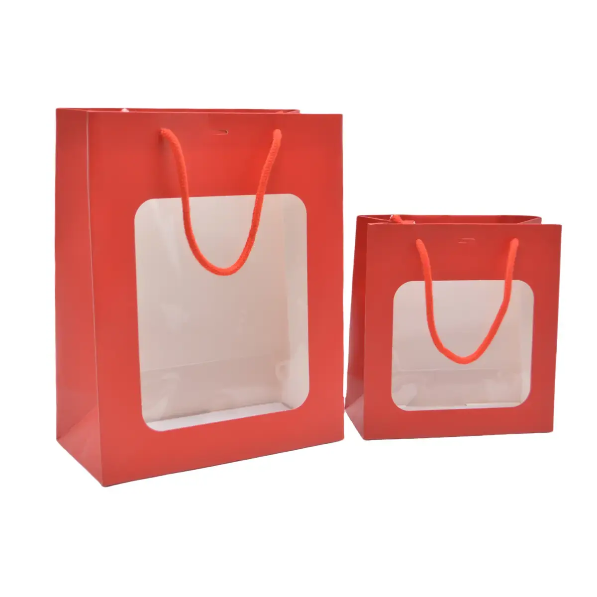 Sac pelliculé rouge mat à fenêtre 22 x 11 x 28 cm poignées cordelettes - Lot de 20 - Sacs pelliculés poignées cordelette-2