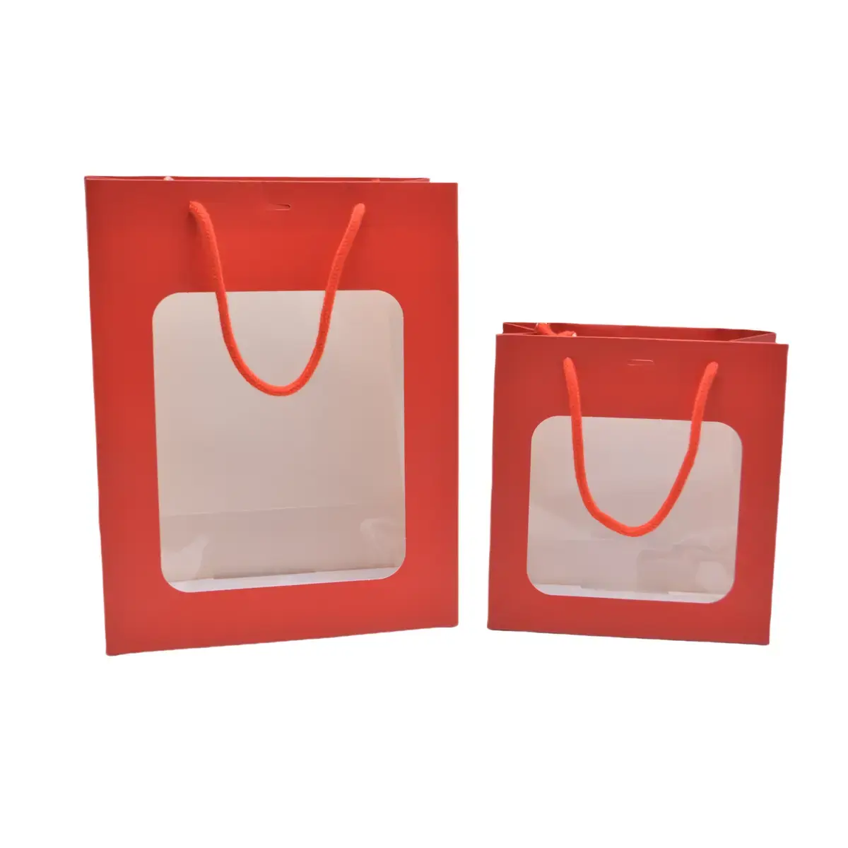 Sac pelliculé rouge mat à fenêtre 22 x 11 x 28 cm poignées cordelettes - Lot de 20 - Sacs pelliculés poignées cordelette-3