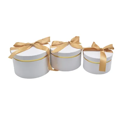Boîte cadeau ronde blanche avec noeud ruban et liseré or en carton ø24,7x16 cm - Lot de 2 - Boites cloches-2