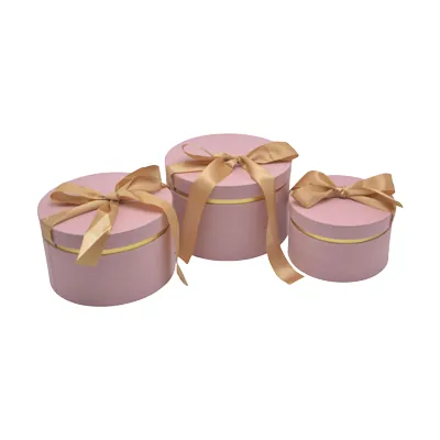 Boîte cadeau ronde rose avec noeud ruban et liseré or en carton ø22,7x14 cm - Lot de 2 - Boites cloches-2