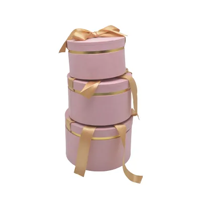 Boîte cadeau ronde rose avec noeud ruban et liseré or en carton ø24,7x16 cm - Lot de 2 - Boites cloches-3