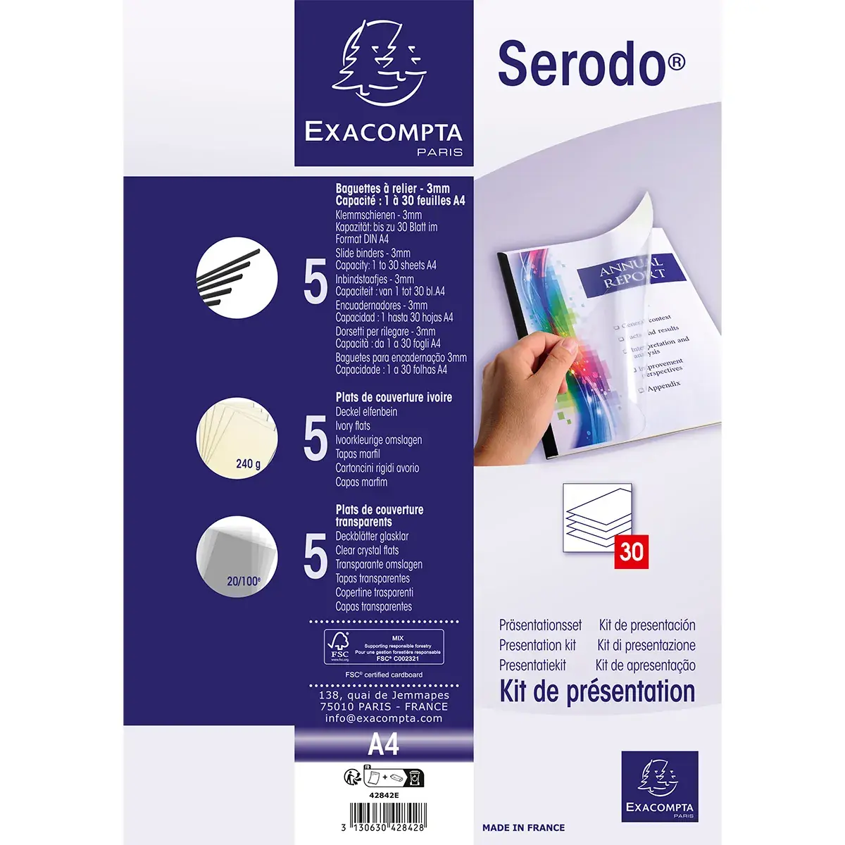Kit reliure manuelle Serodo pour 5 dossiers 30 feuilles (5 baguettes à relier 3 mm noir, plats de couverture : 5 ivoire et 5 cristal) - Relieuses perforeuses, Baguettes reliures, Couvertures reliures-4