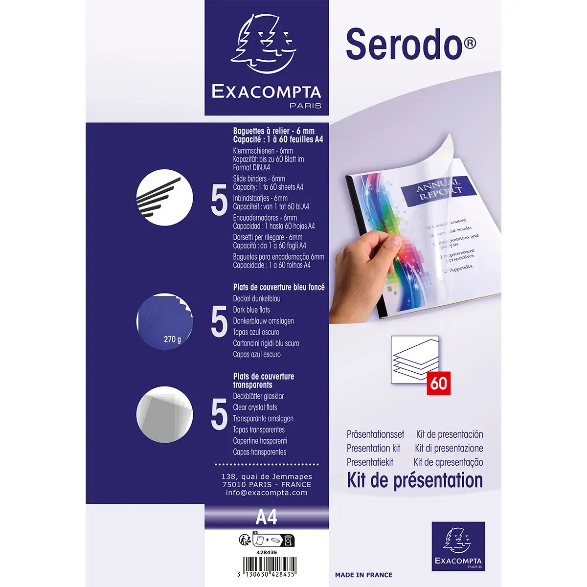 Kit reliure manuelle Serodo pour 5 dossiers 60 feuilles (5 baguettes à relier 6 mm noir, plats de couverture : 5 bleu et 5 cristal) - Relieuses-3