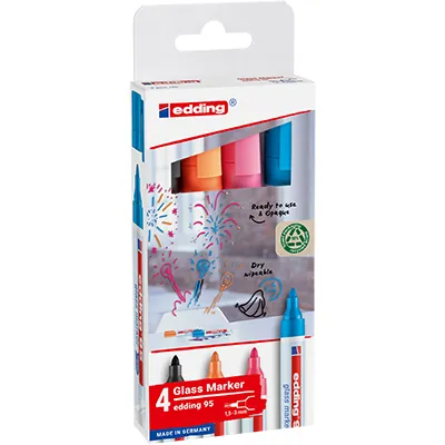 4 Marqueurs pour verre Edding 95 assortis foncés – Noir, bleu clair, rose, orange - Marqueurs