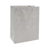 Sacs pelliculés blancs embossés fleurs pois or poignées cordelette 18+10x23 cm 210g/m² – Paquet de 20