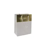 Sacs pelliculés blancs embossés bandeau or poignées cordelette 12+7x15 cm 210g/m² – Paquet de 20