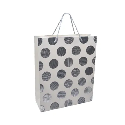 Sac pelliculé blanc pois embossés argent poignées cordelette argentées 26 x 10 x 32 cm – Paquet de 20 - Sacs pelliculés à motifs