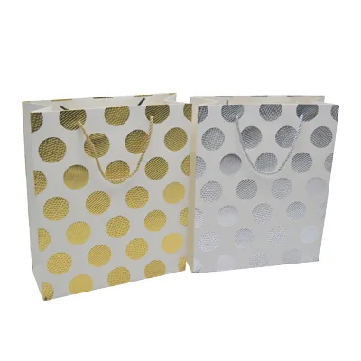 Sac pelliculé blanc pois embossés or poignées cordelette dorées 26 x 10 x 32 cm – Paquet de 20 - Sacs pelliculés à motifs-2