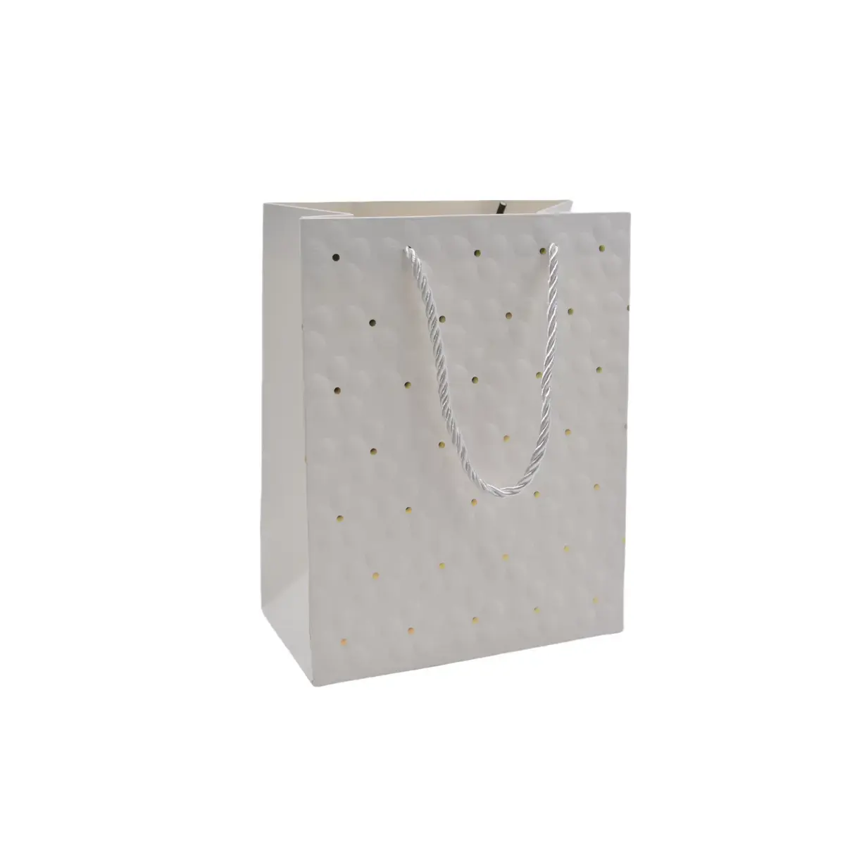 Sacs pelliculés blancs embossés fleurs pois or poignées cordelette 12+7x15 cm 210g/m² – Paquet de 20 - Sacs pelliculés à motifs
