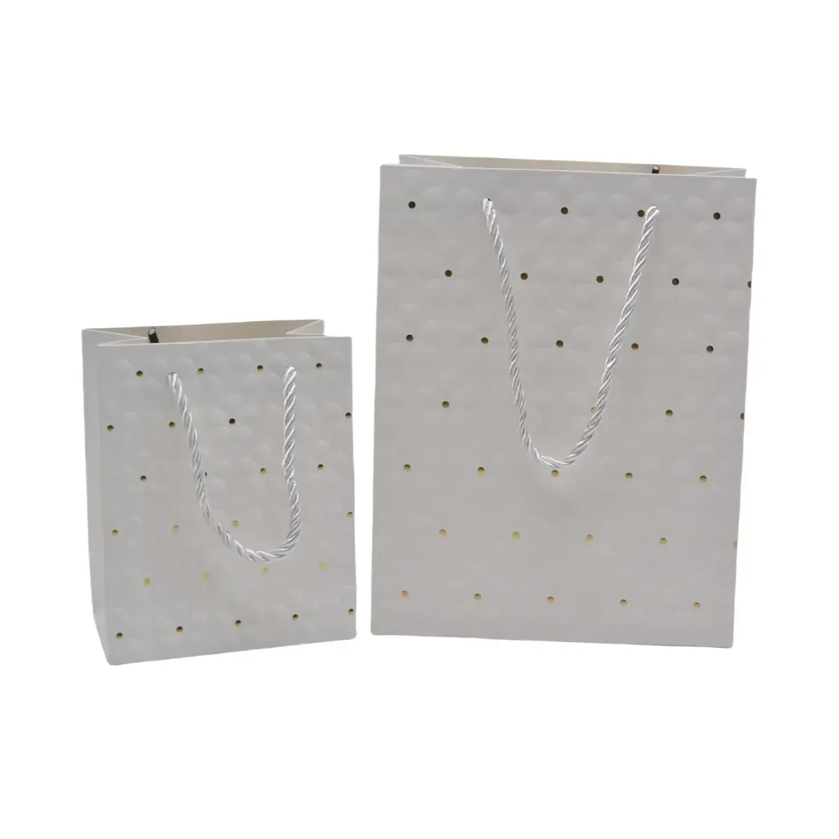 Sacs pelliculés blancs embossés fleurs pois or poignées cordelette 18+10x23 cm 210g/m² – Paquet de 20 - Sacs pelliculés à motifs-2
