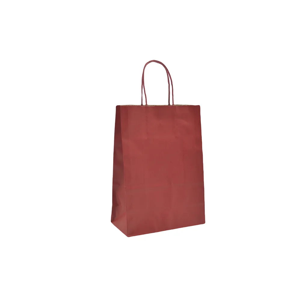 Sacs kraft rouge foncé poignées torsadées 26+12x33 cm – Paquet de 100 - Sacs kraft couleur poignées torsadées