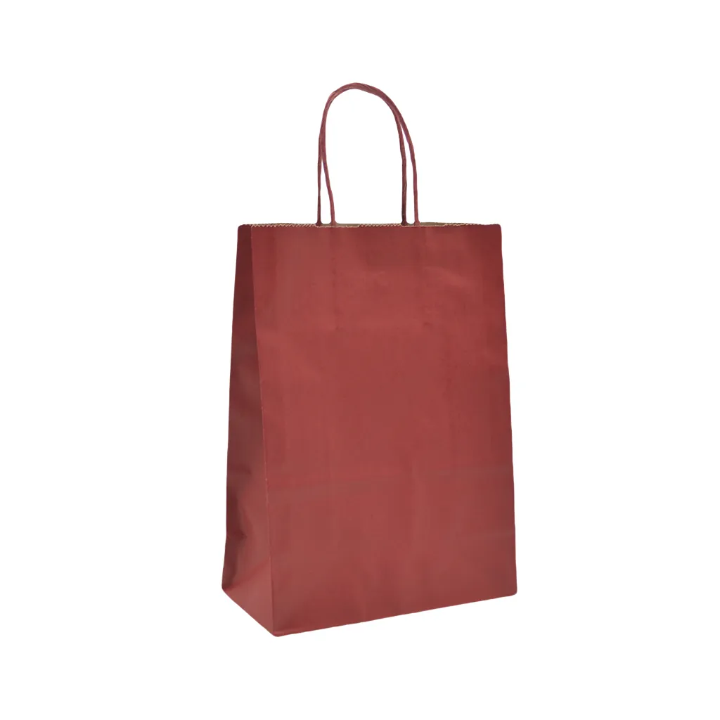 Sacs kraft rouge foncé poignées torsadées assorties 26+12x33 cm – Paquet de 100 - Sacs kraft couleur poignées torsadées