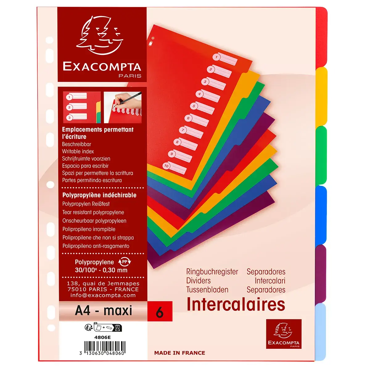 Intercalaires A4 maxi 6 positions Onglets inscriptibles Polypropylène Opaque Semi-Rigide - Exacompta - Intercalaires classeur, Trieurs documents-3