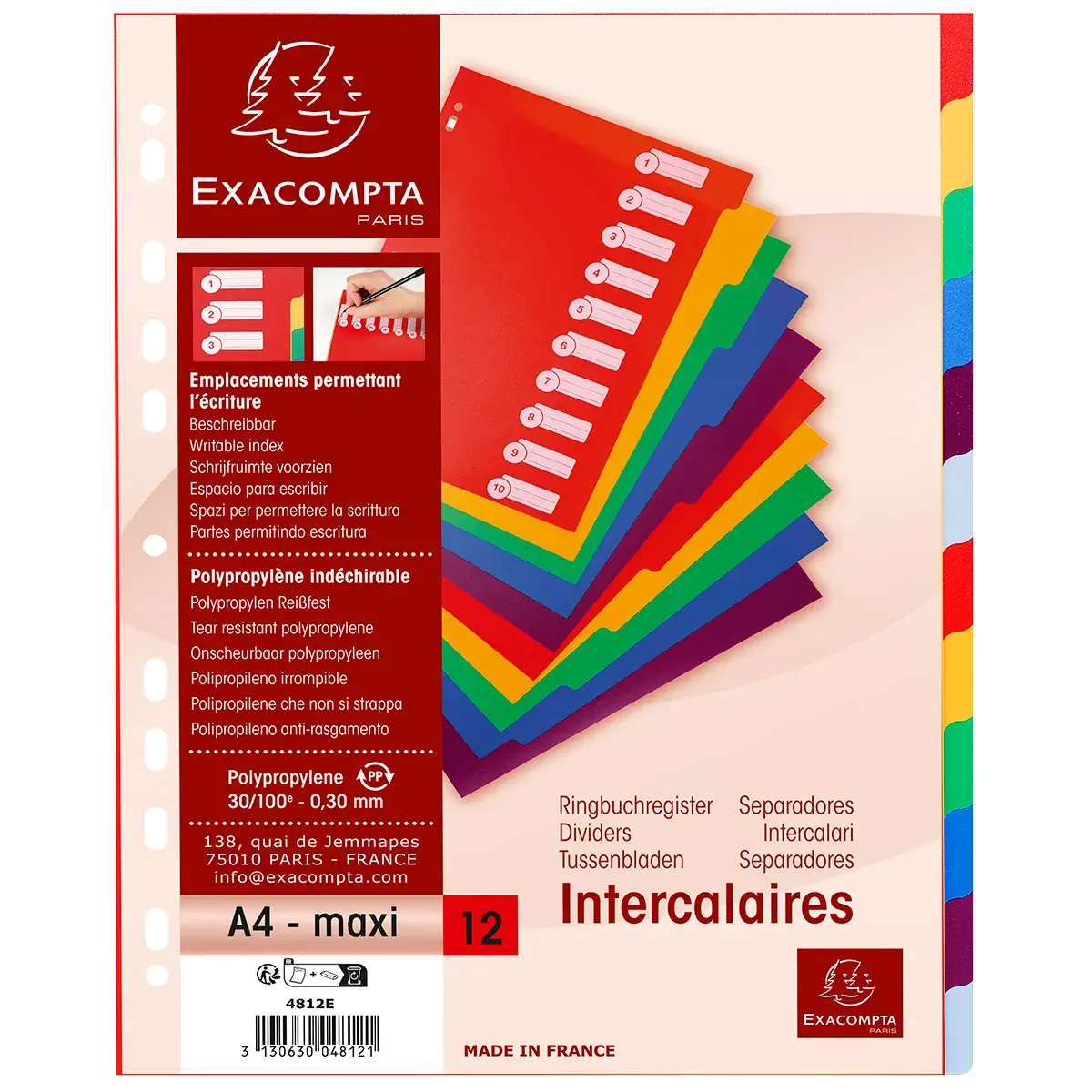 Intercalaires A4 maxi 12 positions Onglets inscriptibles Polypropylène Opaque Semi-Rigide - Exacompta - Intercalaires classeur, Trieurs documents-2