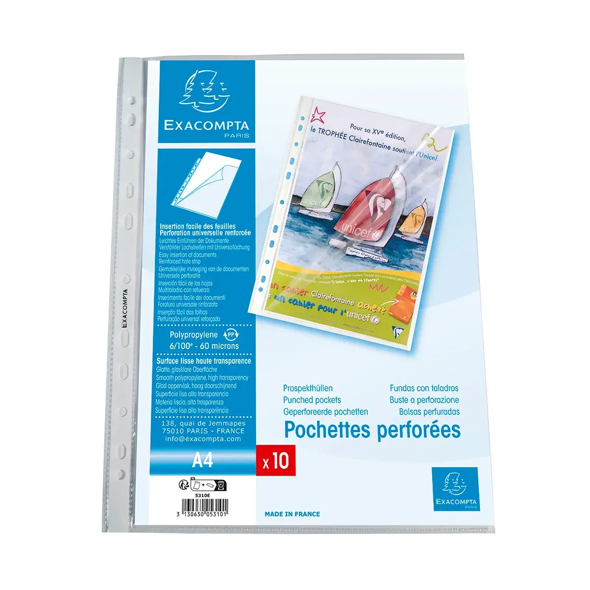 Pochette perforée transparente A4 polypropylène lisse cristal 6/100e ouverture en coin Exacompta - Lot de 10 - Protèges-documents, Porte-vues-2