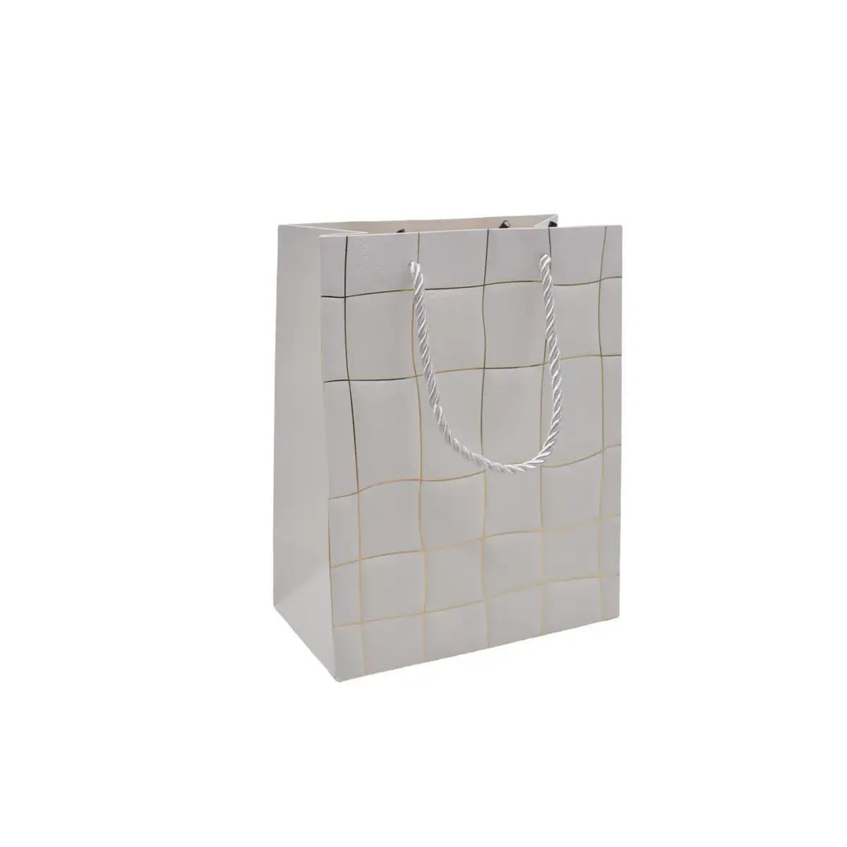 Sacs pelliculés blancs embossés carreaux vagues or poignées cordelette 12+7x15 cm 210g/m² – Paquet de 20 - Sacs pelliculés à motifs