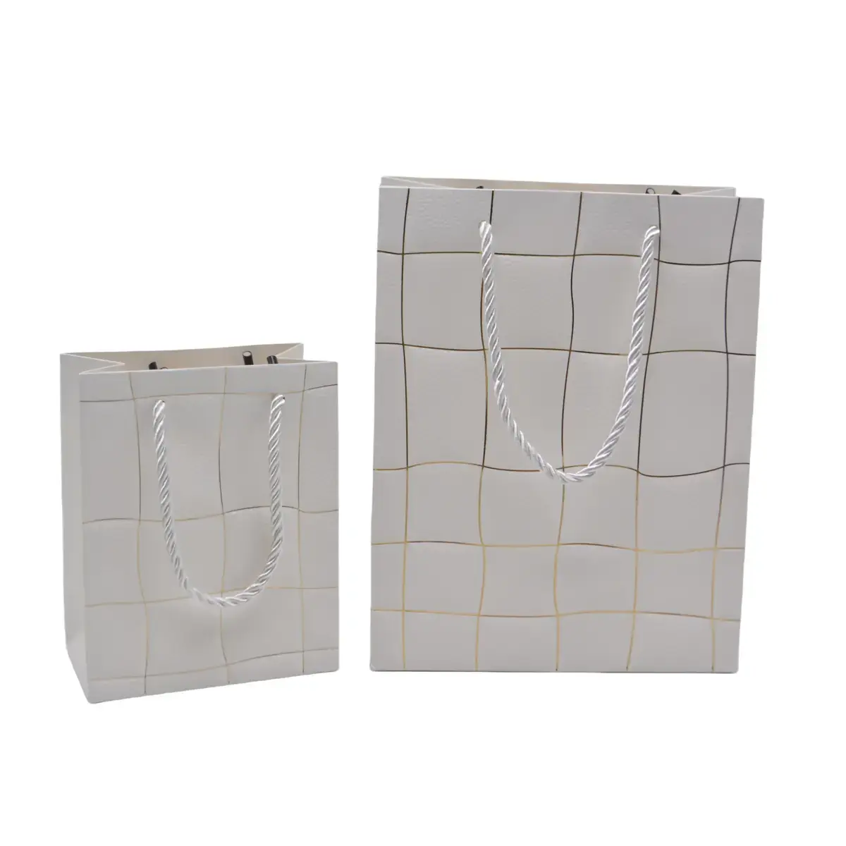 Sacs pelliculés blancs embossés carreaux vagues or poignées cordelette 12+7x15 cm 210g/m² – Paquet de 20 - Sacs pelliculés à motifs-2