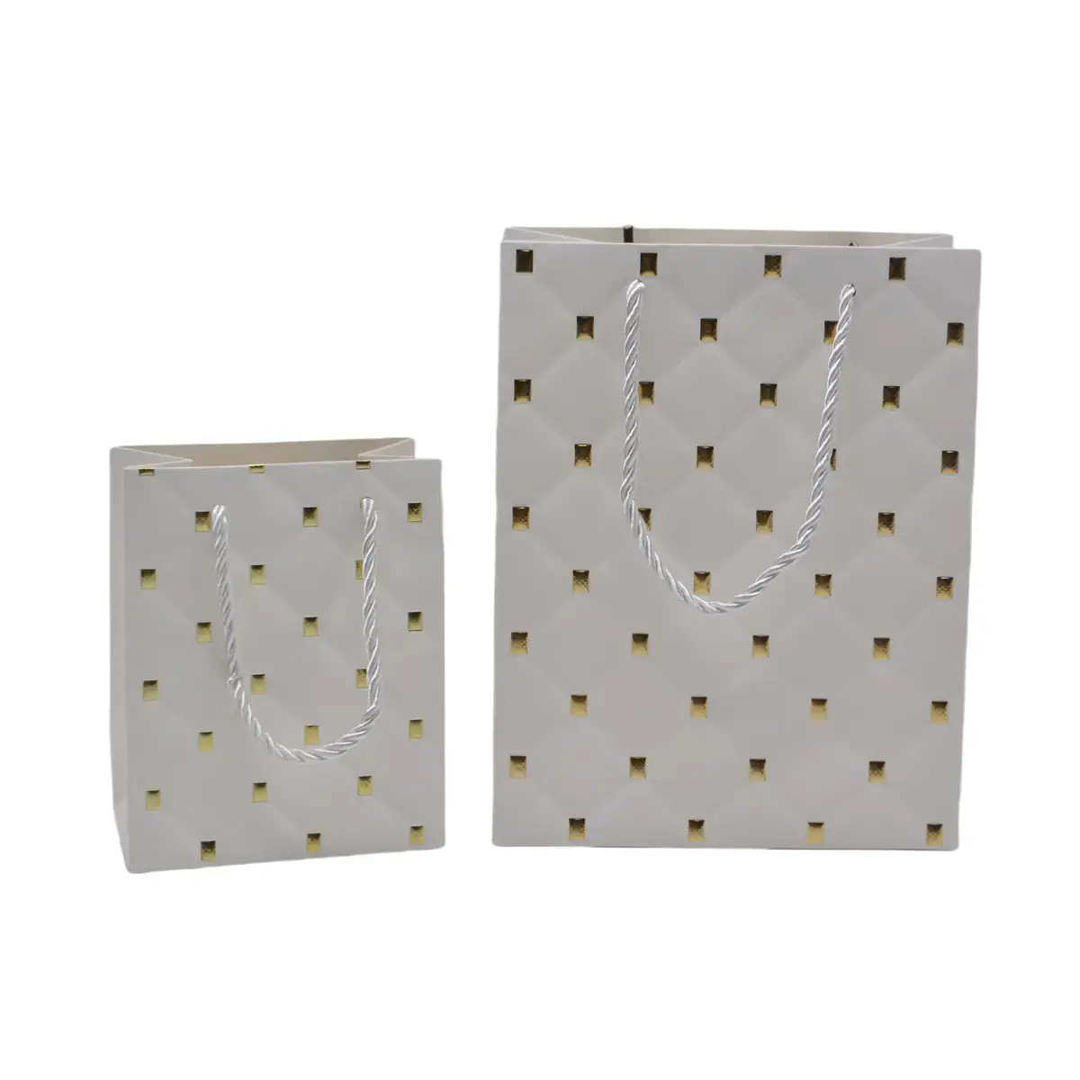 Sacs pelliculés blancs embossés losanges or poignées cordelette 18+10x23 cm 210g/m² – Paquet de 20 - Sacs pelliculés à motifs-2