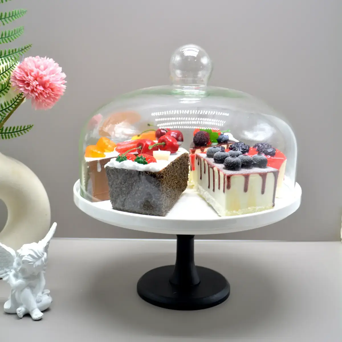Cloche à gâteau en verre sur pied céramique ø 28 x H 31 cm - Présentoir gâteau sur pied - Blanc / Noir - Cloches à gâteaux, Présentoirs gâteaux-2
