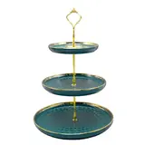 Présentoir à gâteaux 3 niveaux en céramique ø 25,5 / 20 / 15 x H 37 cm – Serviteur à gâteaux - Vert / Or - Cloches à gâteaux, Présentoirs gâteaux