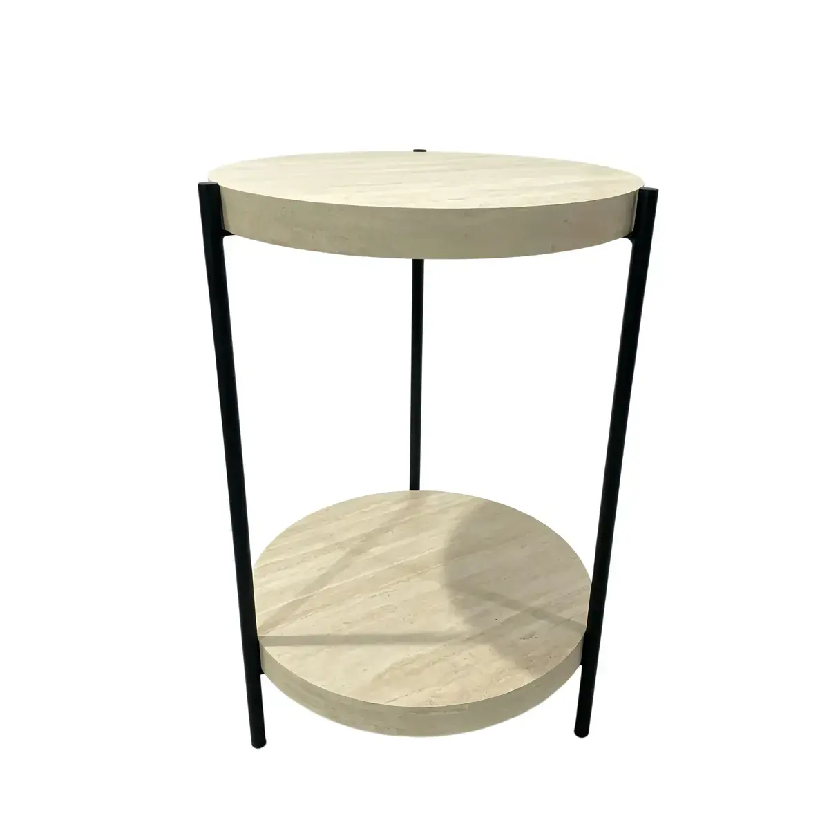 Table de présentation 2 plateaux effet travertin ø 41,5 x H 60 cm – Table d’appoint 2 plateaux bois et métal - Tables de présentation, Sellettes