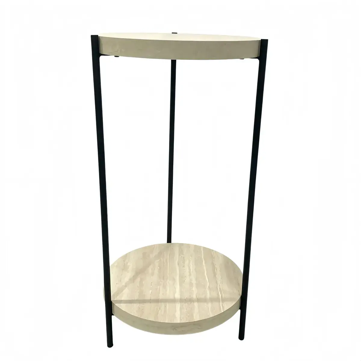 Table de présentation 2 plateaux effet travertin ø 41,5 x H 80 cm – Table d’appoint 2 plateaux bois et métal - Tables de présentation, Sellettes