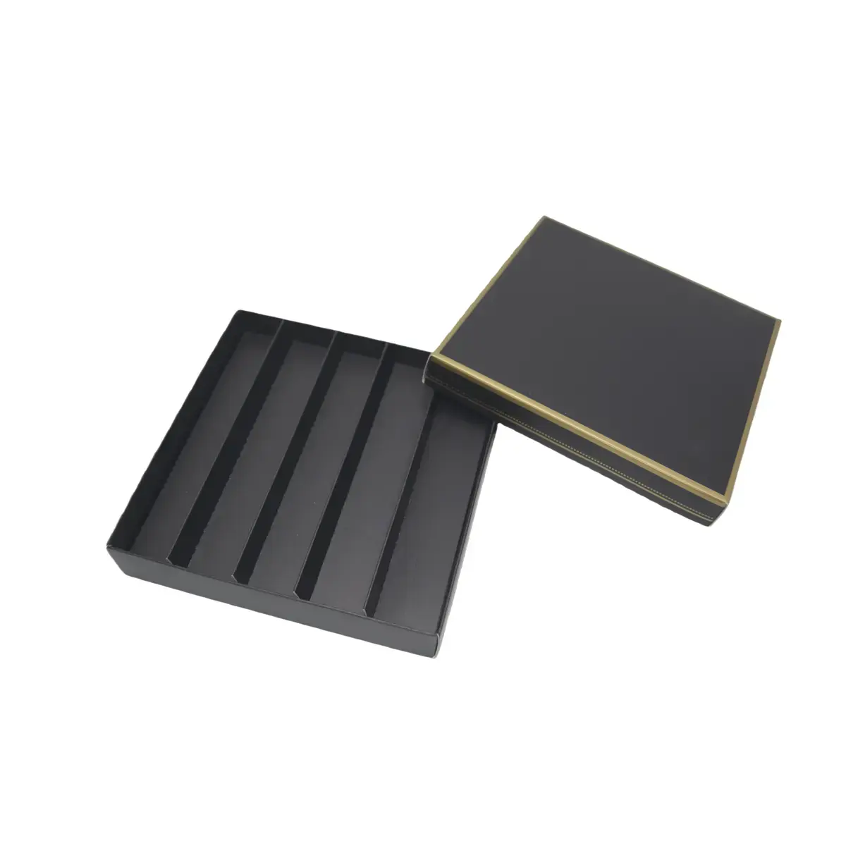 Coffret carton carré pour chocolats 5 rangées 15 x 15 x 3 cm carton 300 g/m² - Noir avec liseré doré - Paquet de 10 - Ballotins chocolats vides