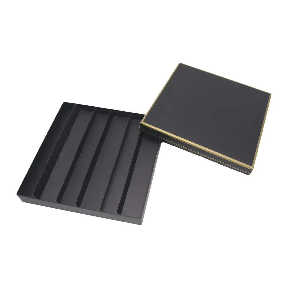 Coffret carton carré pour chocolats 5 rangées 18 x 18 x 3 cm carton 300 g/m² - Noir avec liseré doré - Paquet de 10 - Ballotins chocolats vides